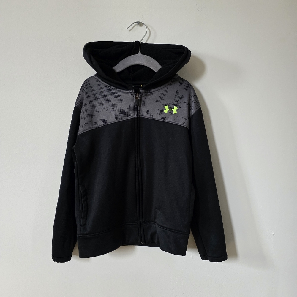Under Armour Kids Black and Gray Hoodie with Neon Green Logo, 6Y